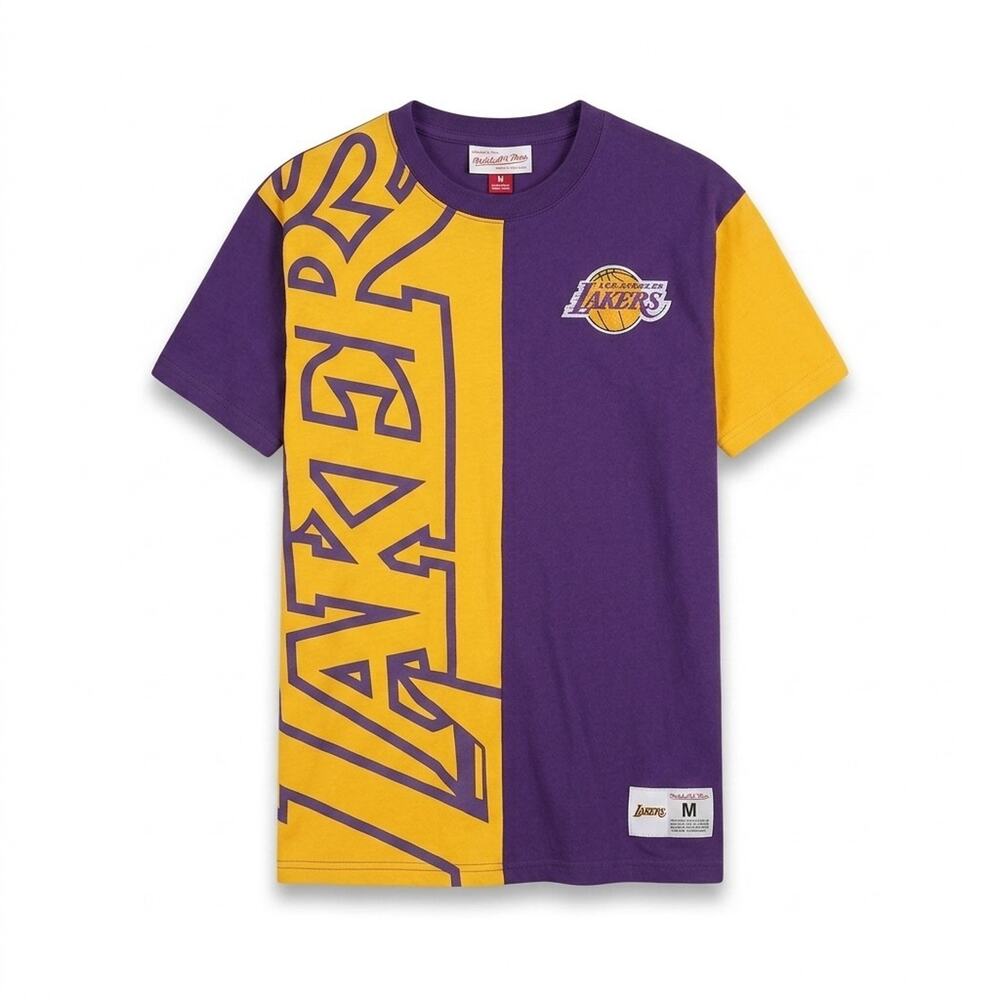 Mitchell & Ness LA Lakers Split Script T-Shirt Mens Medium Purple Gold Blocked